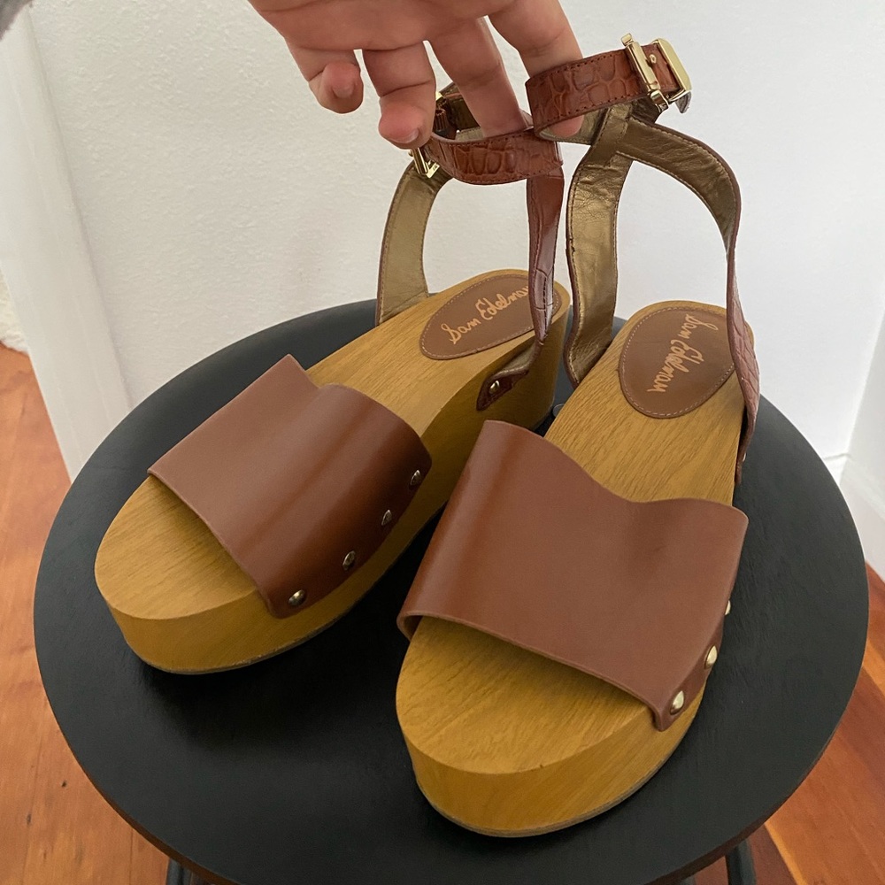 Sam Edelman wooden platform sandal with leather ankle straps